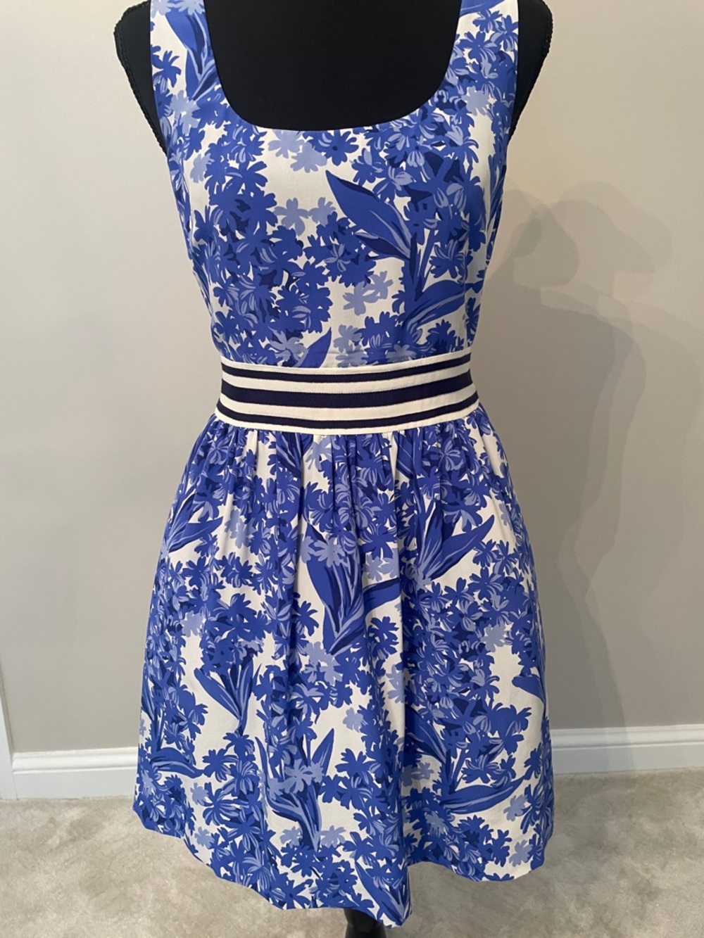 Juicy Couture Blue Floral Fit-and-Flare Dress with Striped Waistband
